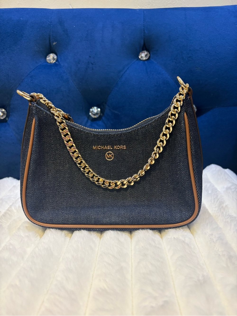 Michael Kors Navy Shoulder Bag with Tan Trim and Gold Chain